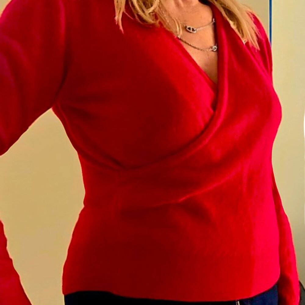 Wool Angora Red Sweater Cardigan Wrap front Italy Sz 48 US 8-10